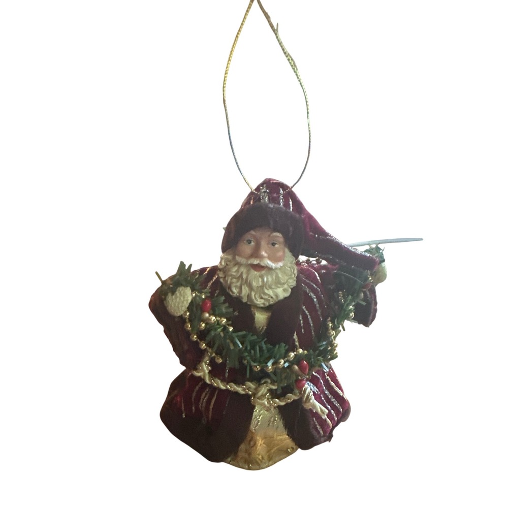 Vintage Santa Claus Christmas Ornament Tree Topper Burgundy Velvet Gold 6 Inch